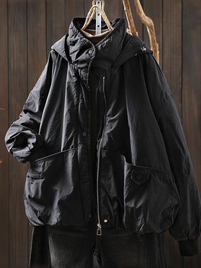 Women Autumn Casual Pure Color Padded Hooded Jacket