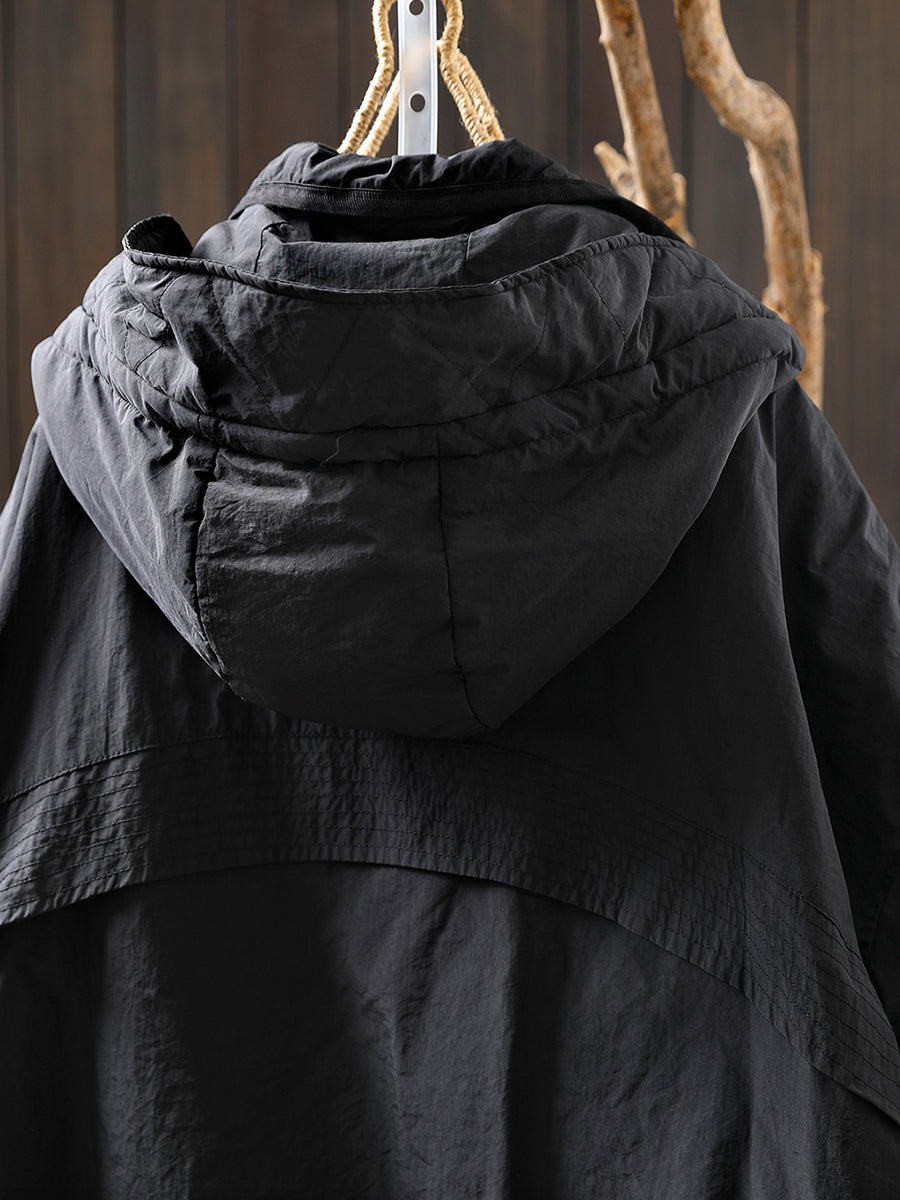 Women Autumn Casual Pure Color Padded Hooded Jacket