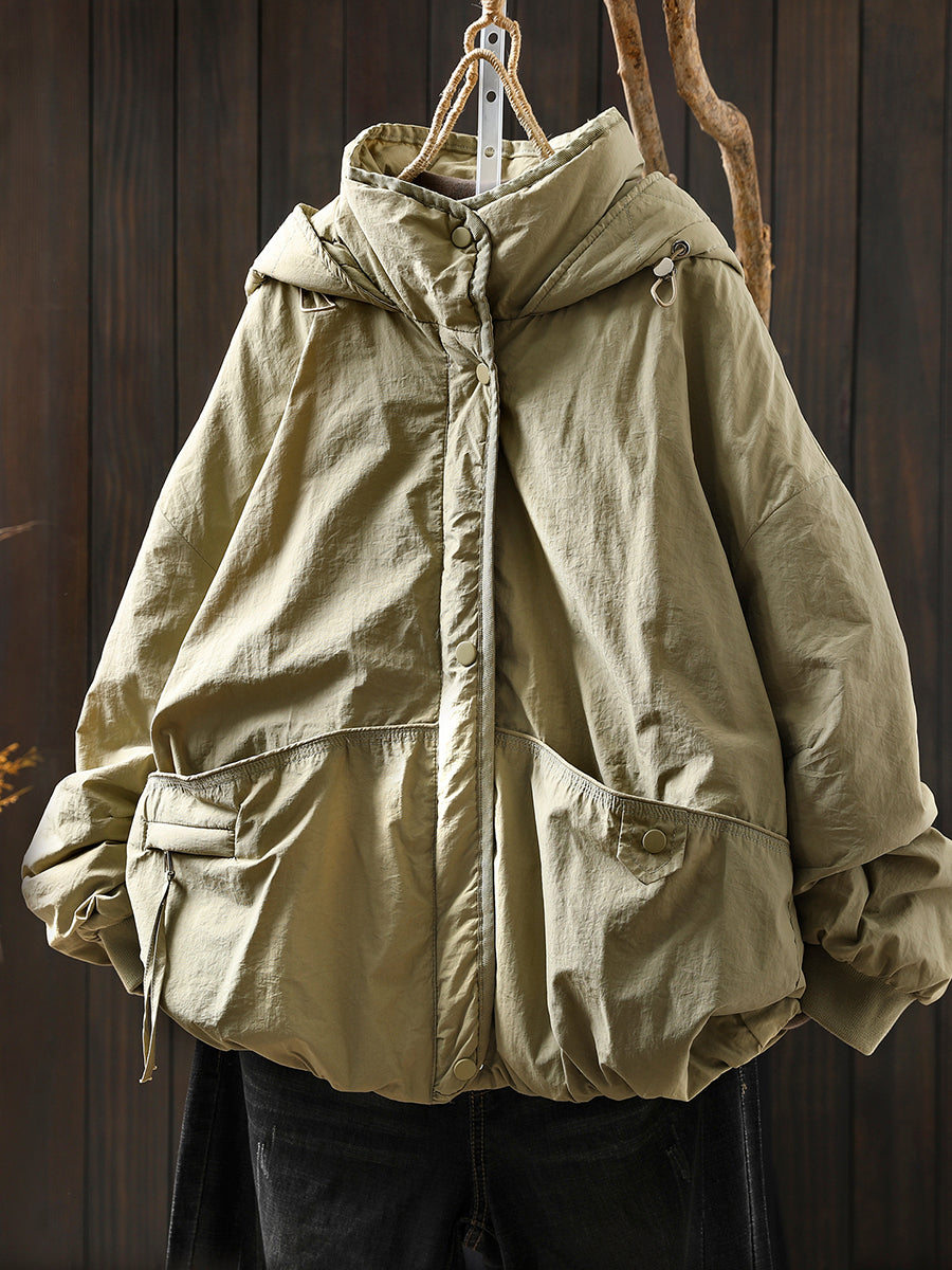 Women Autumn Casual Pure Color Padded Hooded Jacket
