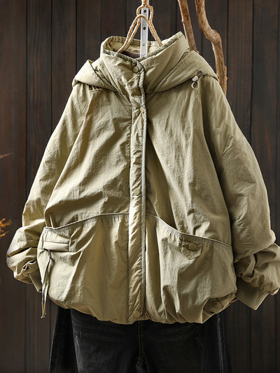 Women Autumn Casual Pure Color Padded Hooded Jacket