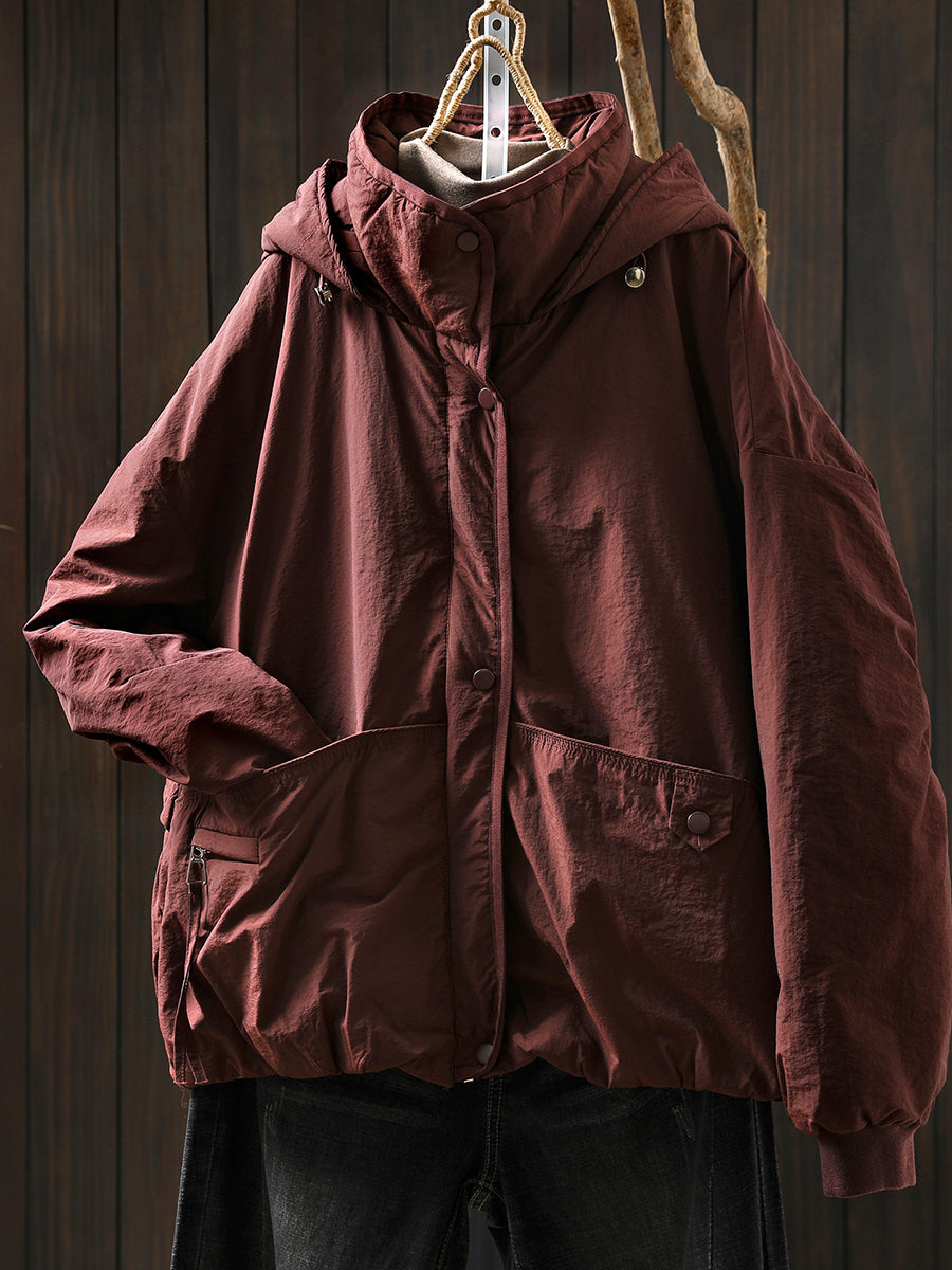 Women Autumn Casual Pure Color Padded Hooded Jacket
