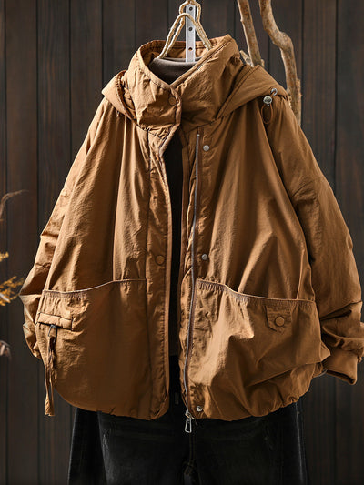 Women Autumn Casual Pure Color Padded Hooded Jacket