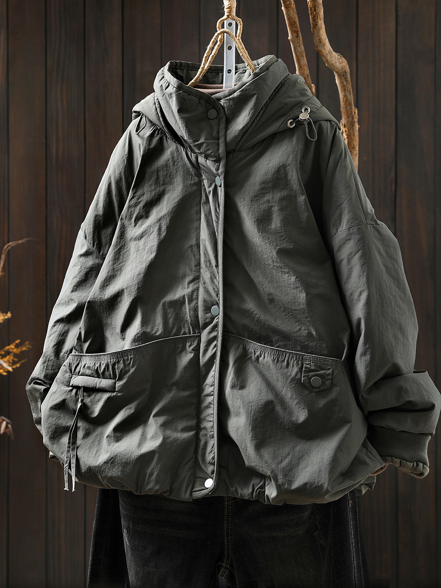 Women Autumn Casual Pure Color Padded Hooded Jacket