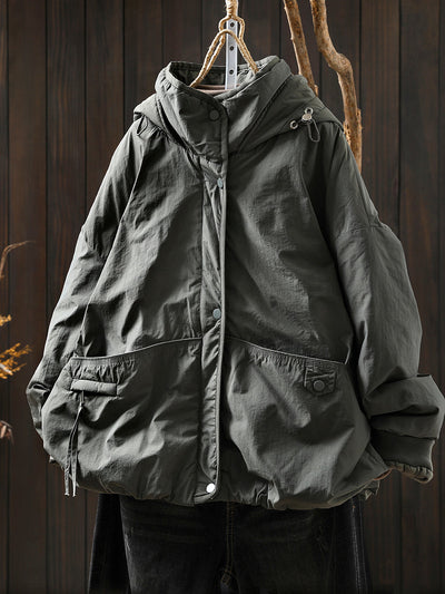 Women Autumn Casual Pure Color Padded Hooded Jacket