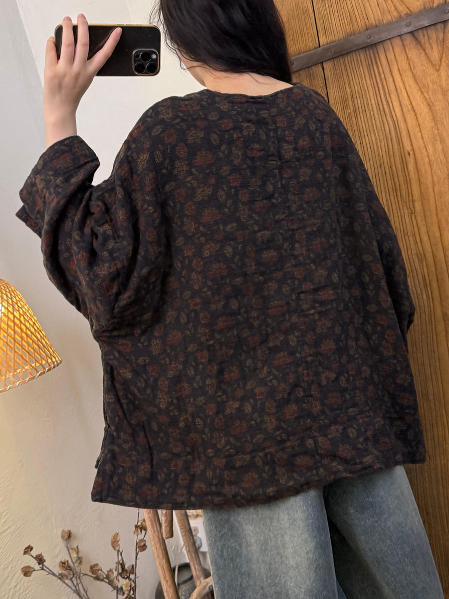 Women Autumn Retro Flower Linen O-Neck Shirt