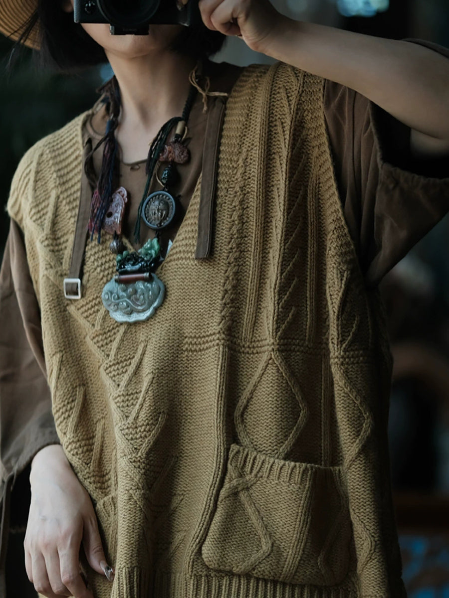 Women Autumn Casual Pure Color V-Neck Wool Vest