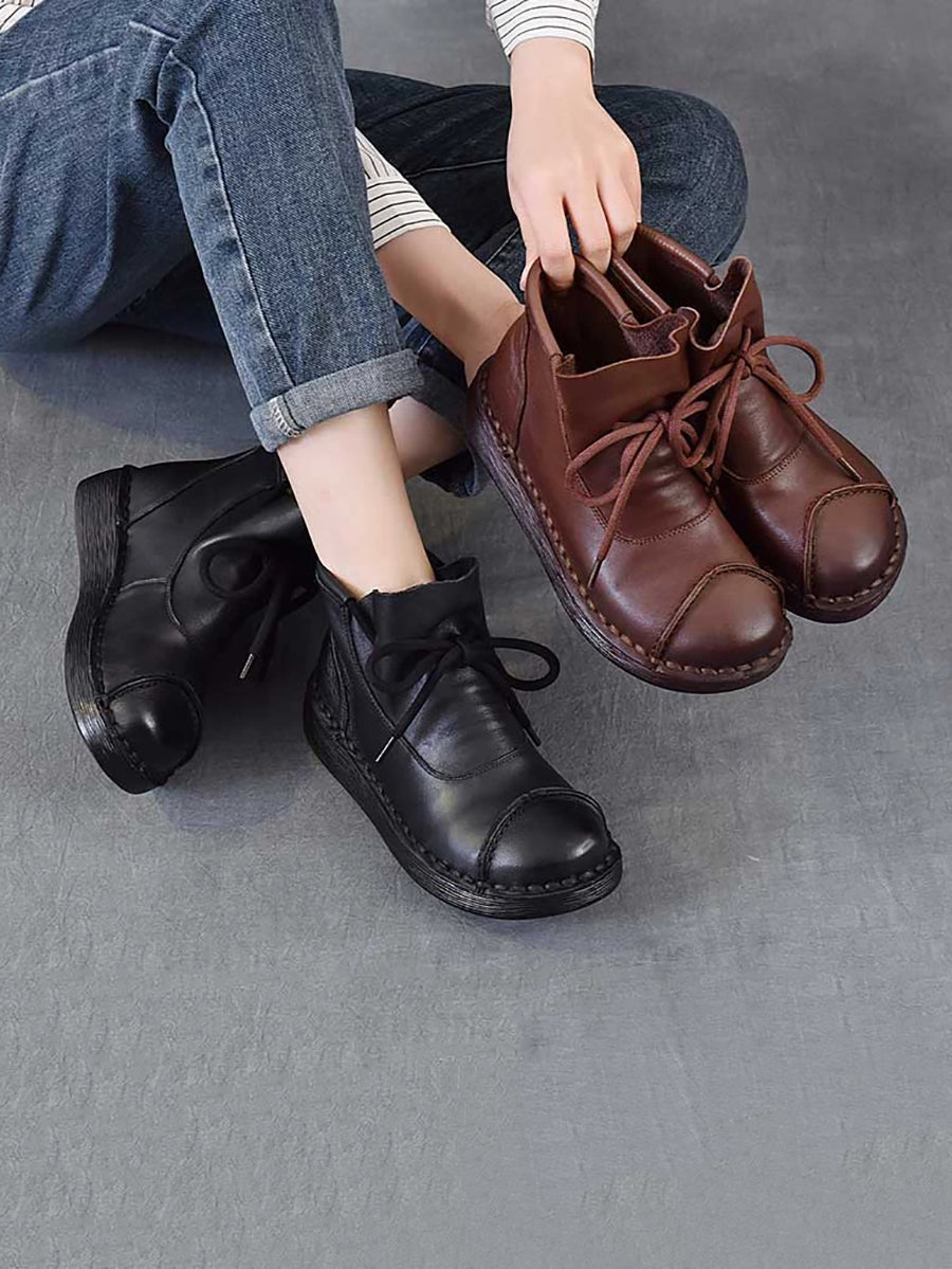 Women Winter Soft Leather Spliced Flat Ankle Boots