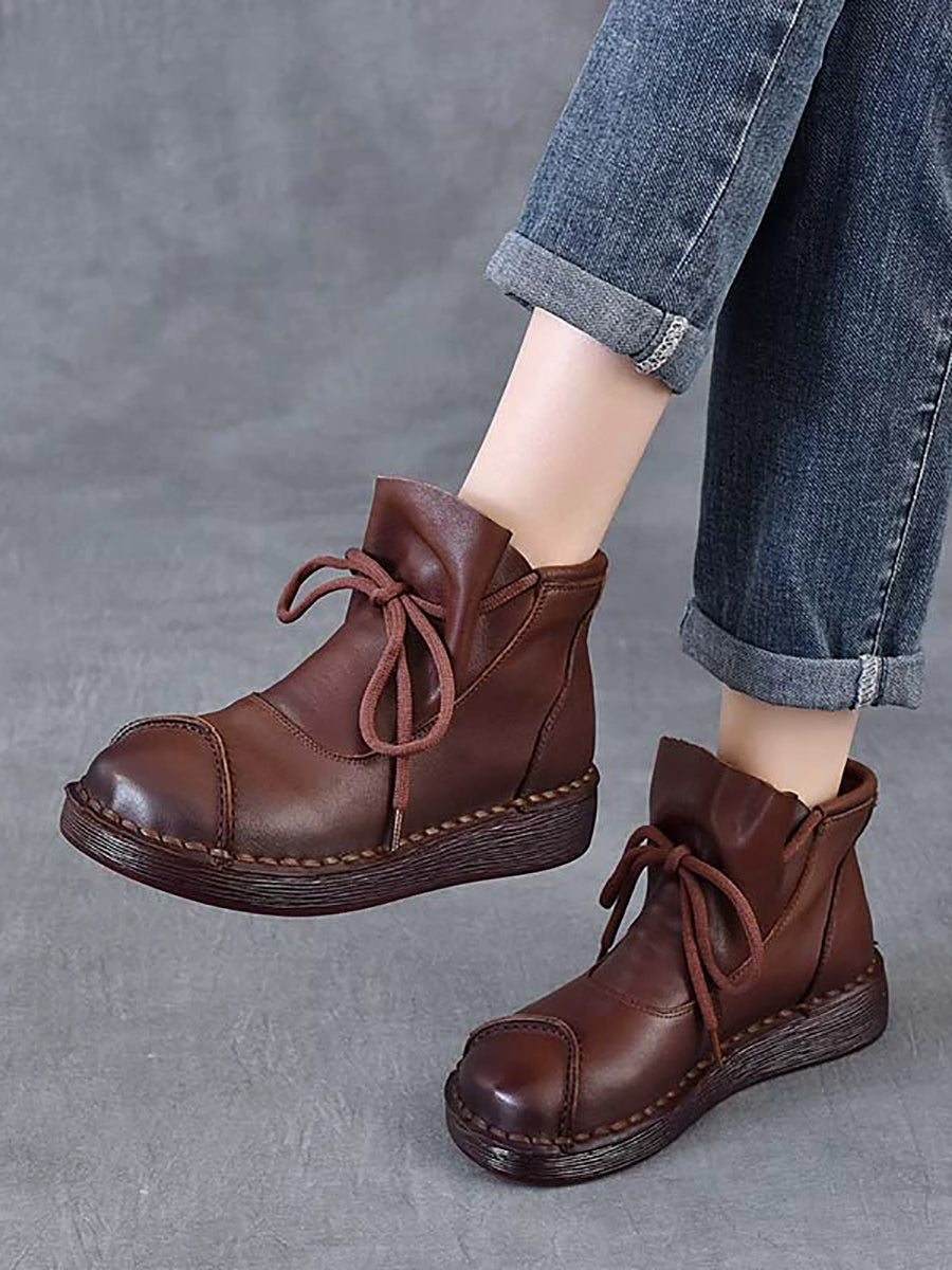 Women Winter Soft Leather Spliced Flat Ankle Boots