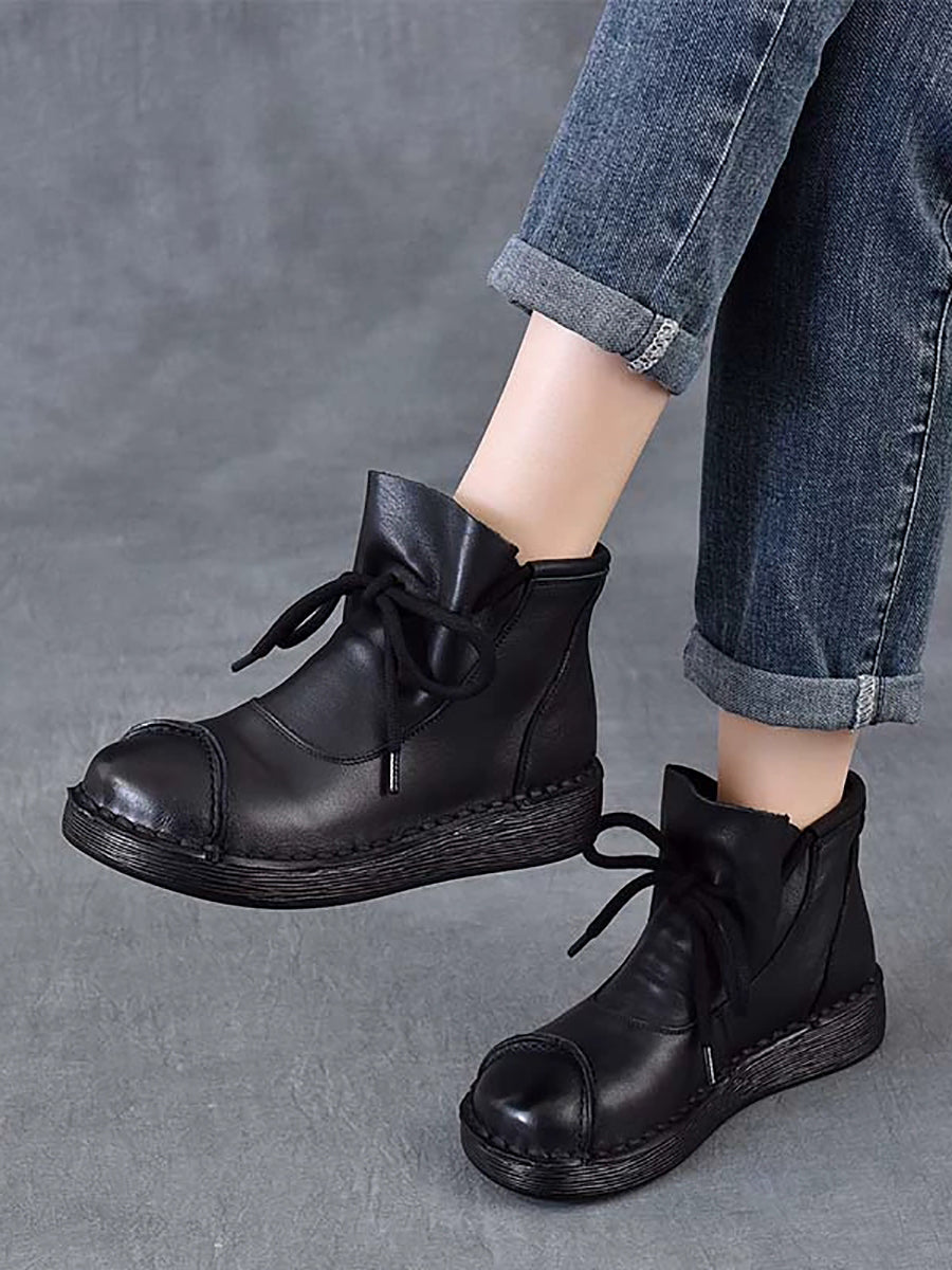 Women Winter Soft Leather Spliced Flat Ankle Boots