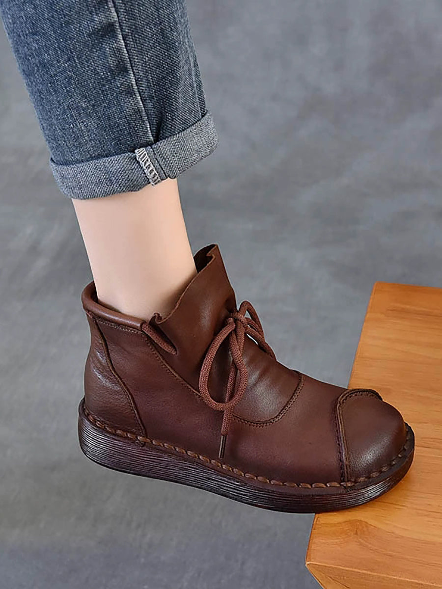 Women Winter Soft Leather Spliced Flat Ankle Boots