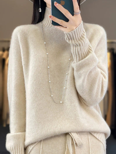 Women Autumn Pure Color Wool Half-Turtleneck Sweater