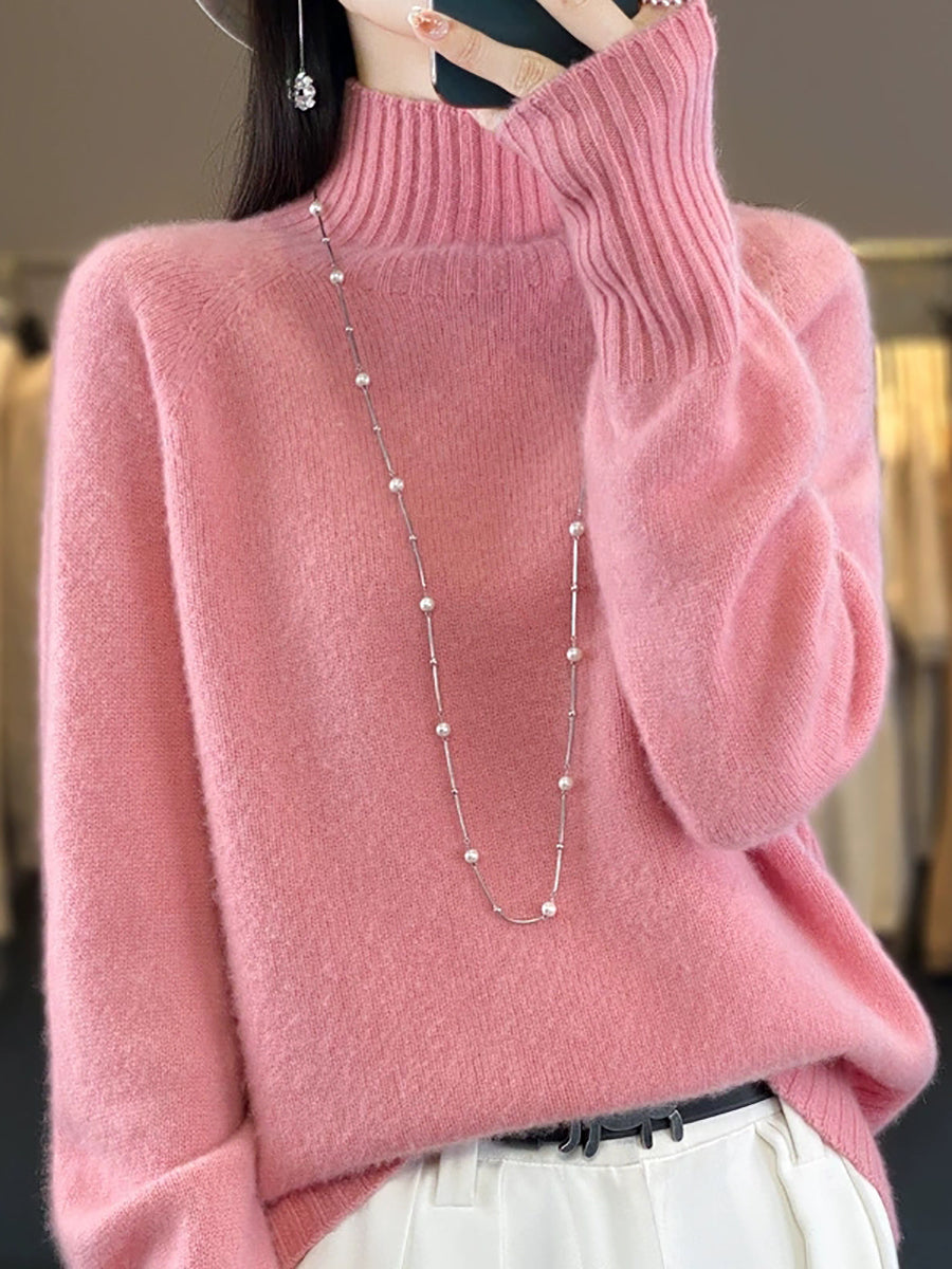 Women Autumn Pure Color Wool Half-Turtleneck Sweater