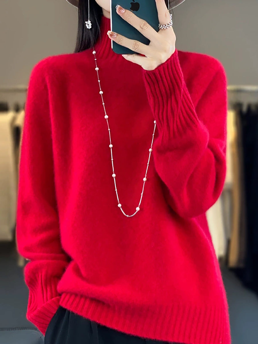Women Autumn Pure Color Wool Half-Turtleneck Sweater