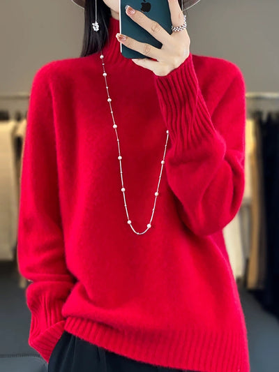 Women Autumn Pure Color Wool Half-Turtleneck Sweater