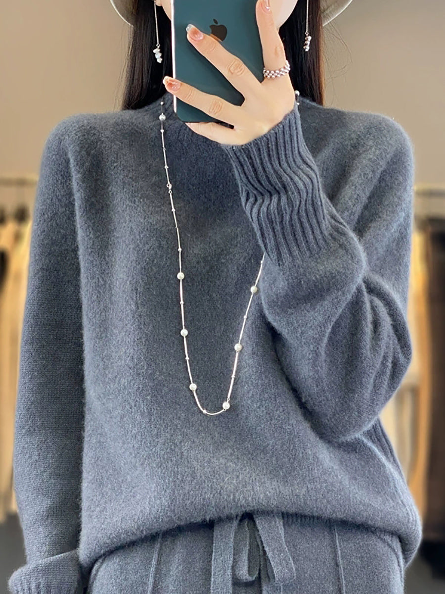 Women Autumn Pure Color Wool Half-Turtleneck Sweater
