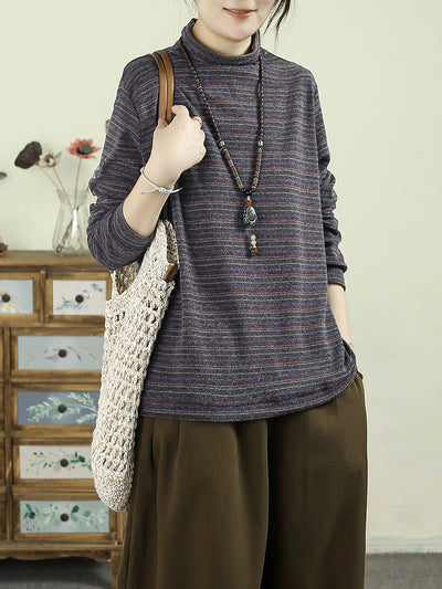 Women Autumn Artsy Stripe Cotton Half-Turtleneck Blouse