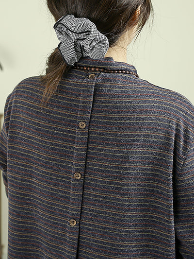 Women Autumn Artsy Stripe Cotton Half-Turtleneck Blouse