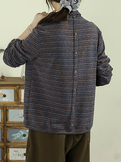 Women Autumn Artsy Stripe Cotton Half-Turtleneck Blouse