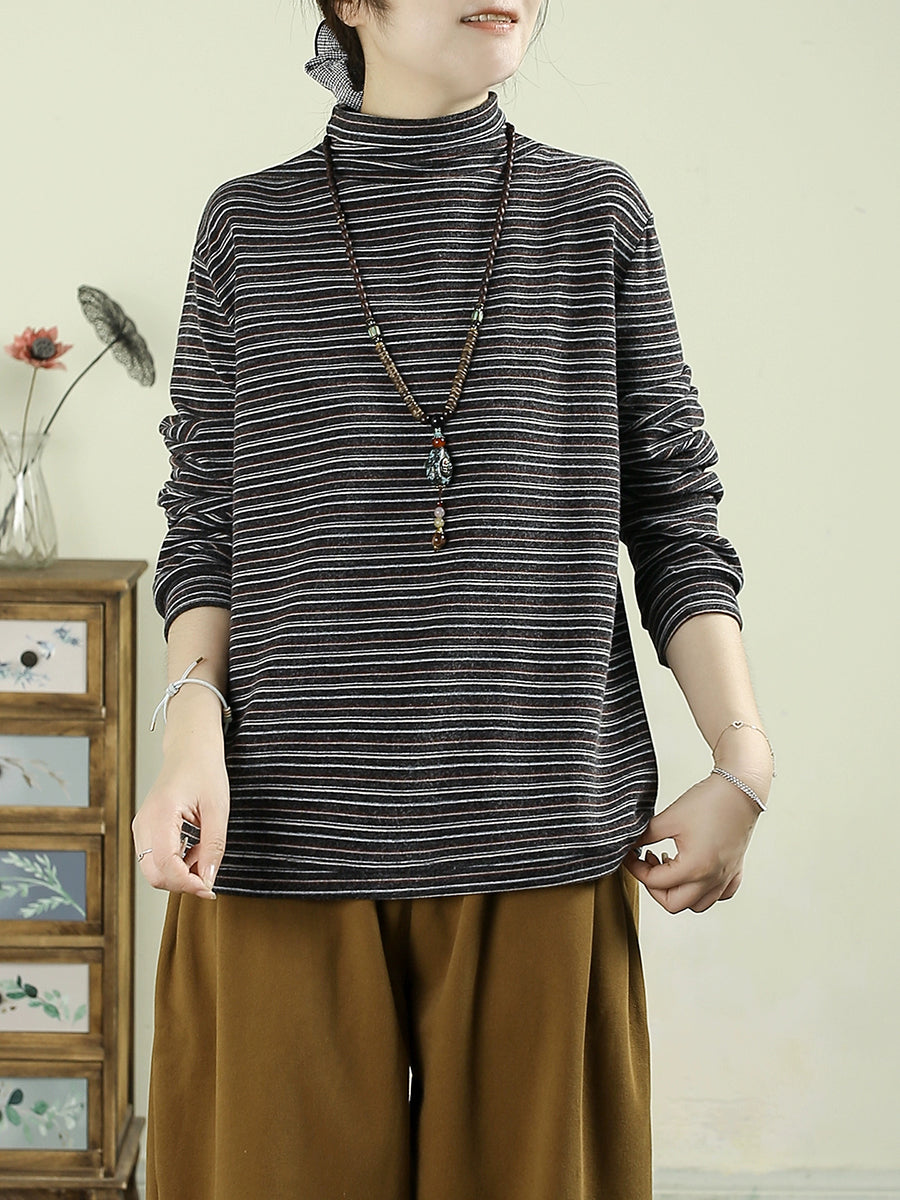 Women Autumn Artsy Stripe Cotton Half-Turtleneck Blouse