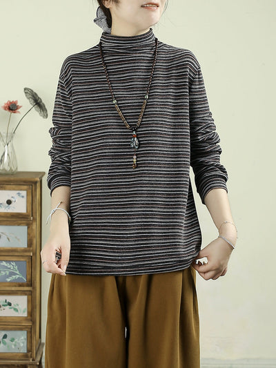 Women Autumn Artsy Stripe Cotton Half-Turtleneck Blouse