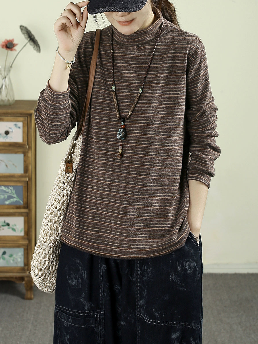 Women Autumn Artsy Stripe Cotton Half-Turtleneck Blouse