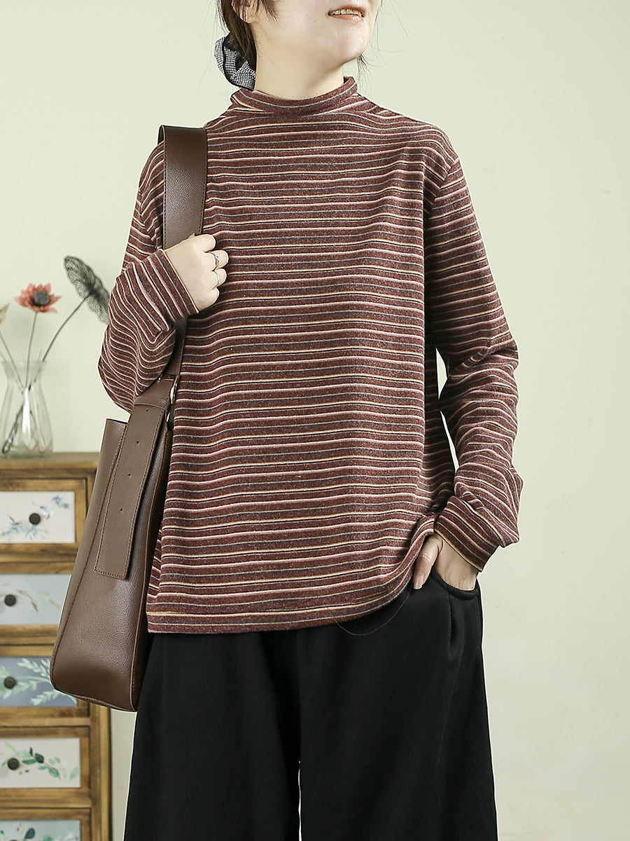 Women Autumn Artsy Stripe Cotton Half-Turtleneck Blouse