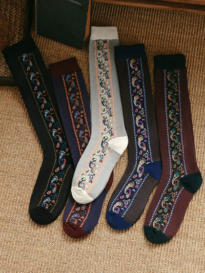 5 Pairs Women Artsy Flower Embossing Long Socks
