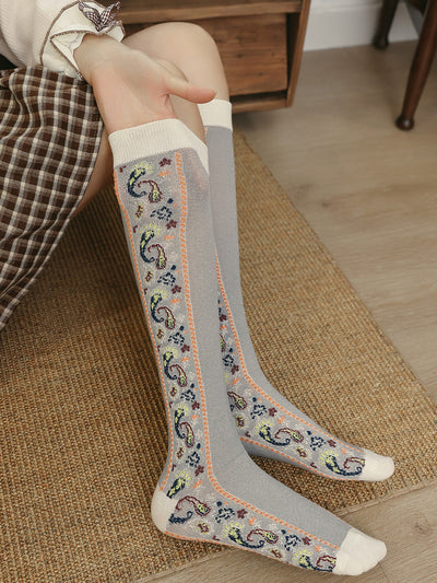 5 Pairs Women Artsy Flower Embossing Long Socks
