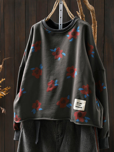 Women Autumn Artsy Flower O-Neck Cotton Blouse