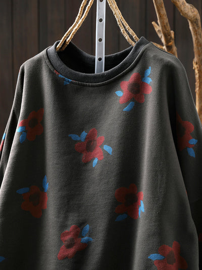 Women Autumn Artsy Flower O-Neck Cotton Blouse