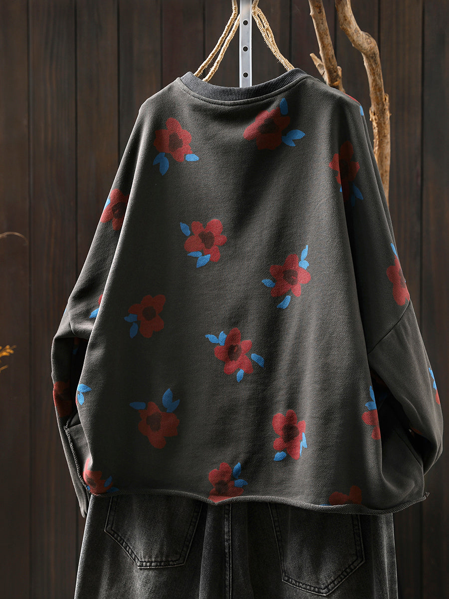 Women Autumn Artsy Flower O-Neck Cotton Blouse