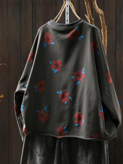 Women Autumn Artsy Flower O-Neck Cotton Blouse