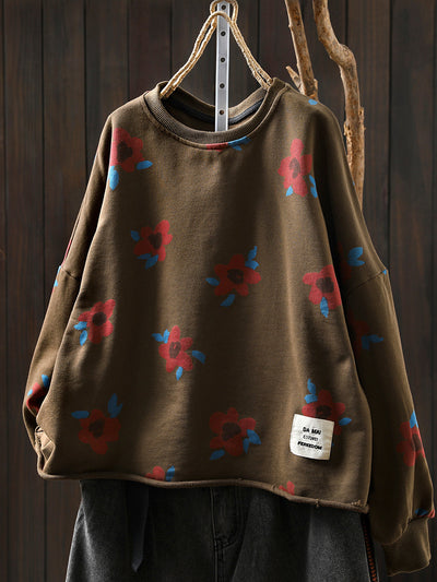 Women Autumn Artsy Flower O-Neck Cotton Blouse