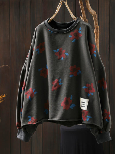 Women Autumn Artsy Flower O-Neck Cotton Blouse