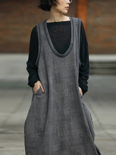 Women Autumn Retro Pure Color 100%Cotton V-Neck Vest Dress