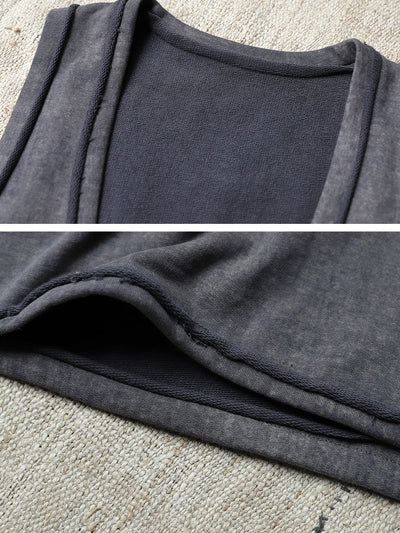 Women Autumn Retro Pure Color 100%Cotton V-Neck Vest Dress