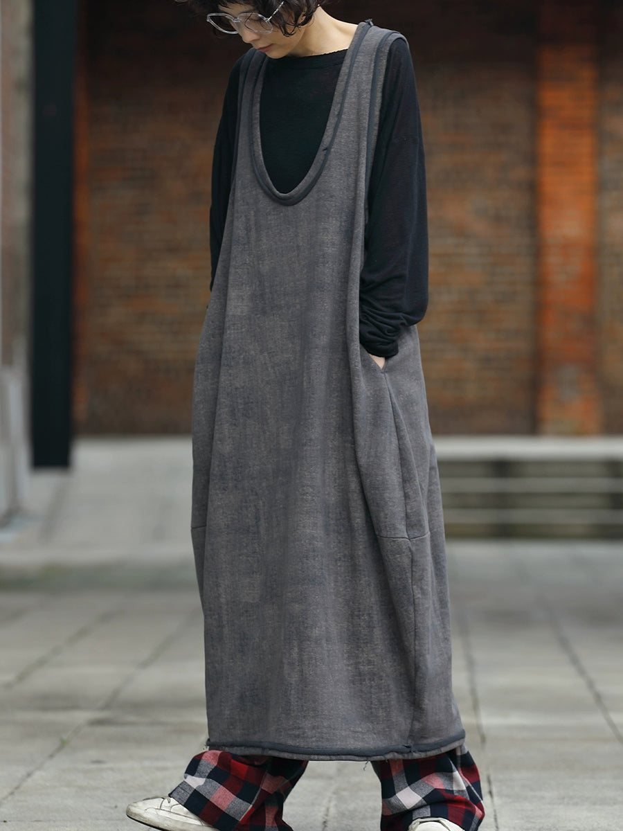 Women Autumn Retro Pure Color 100%Cotton V-Neck Vest Dress