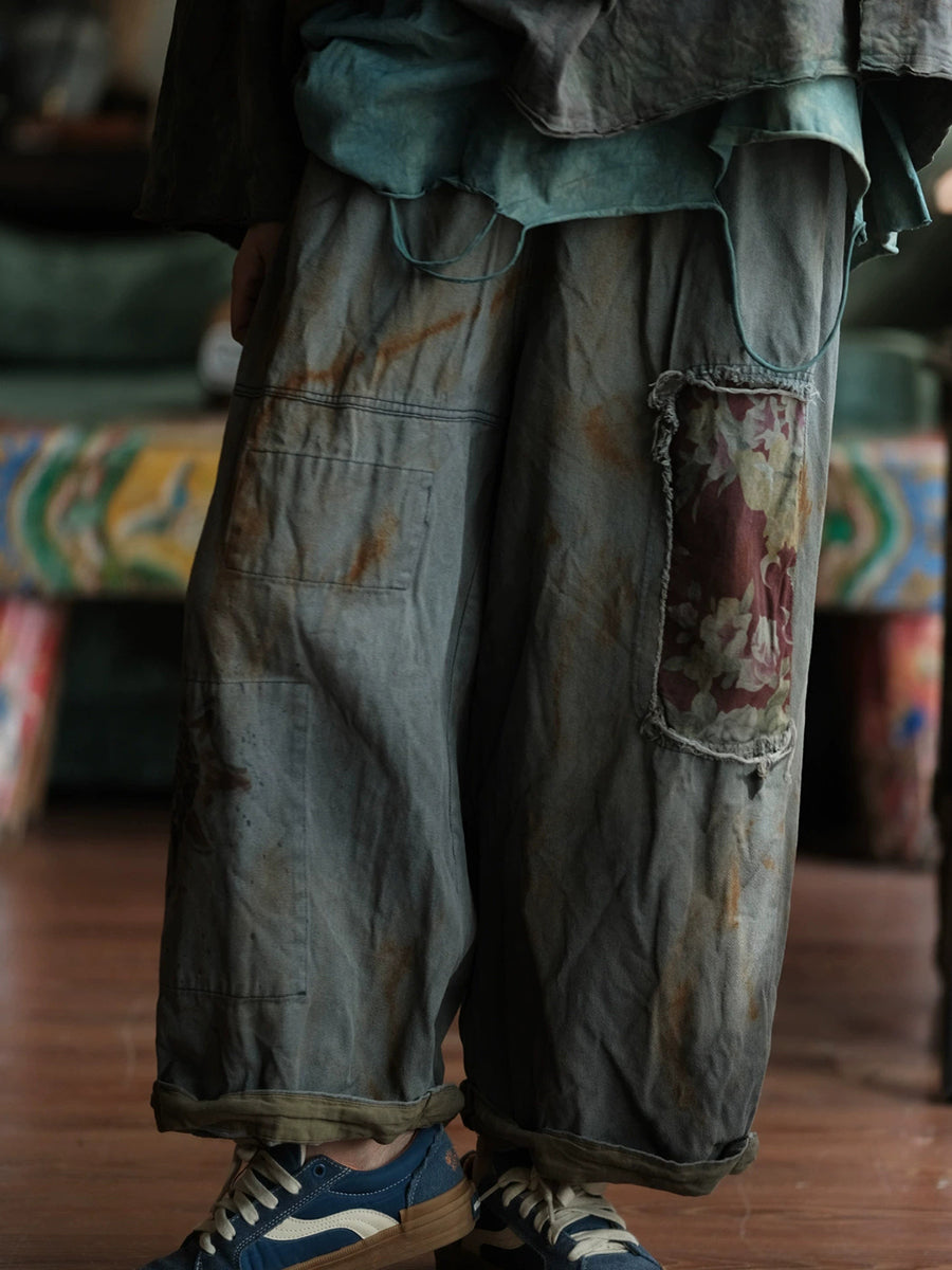 Women Vintage Patch Spliced Cotton Wide-leg Pants