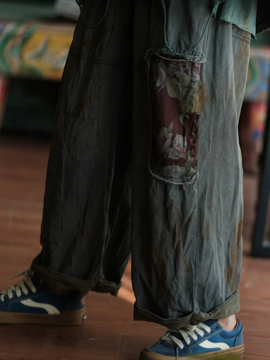 Women Vintage Patch Spliced Cotton Wide-leg Pants