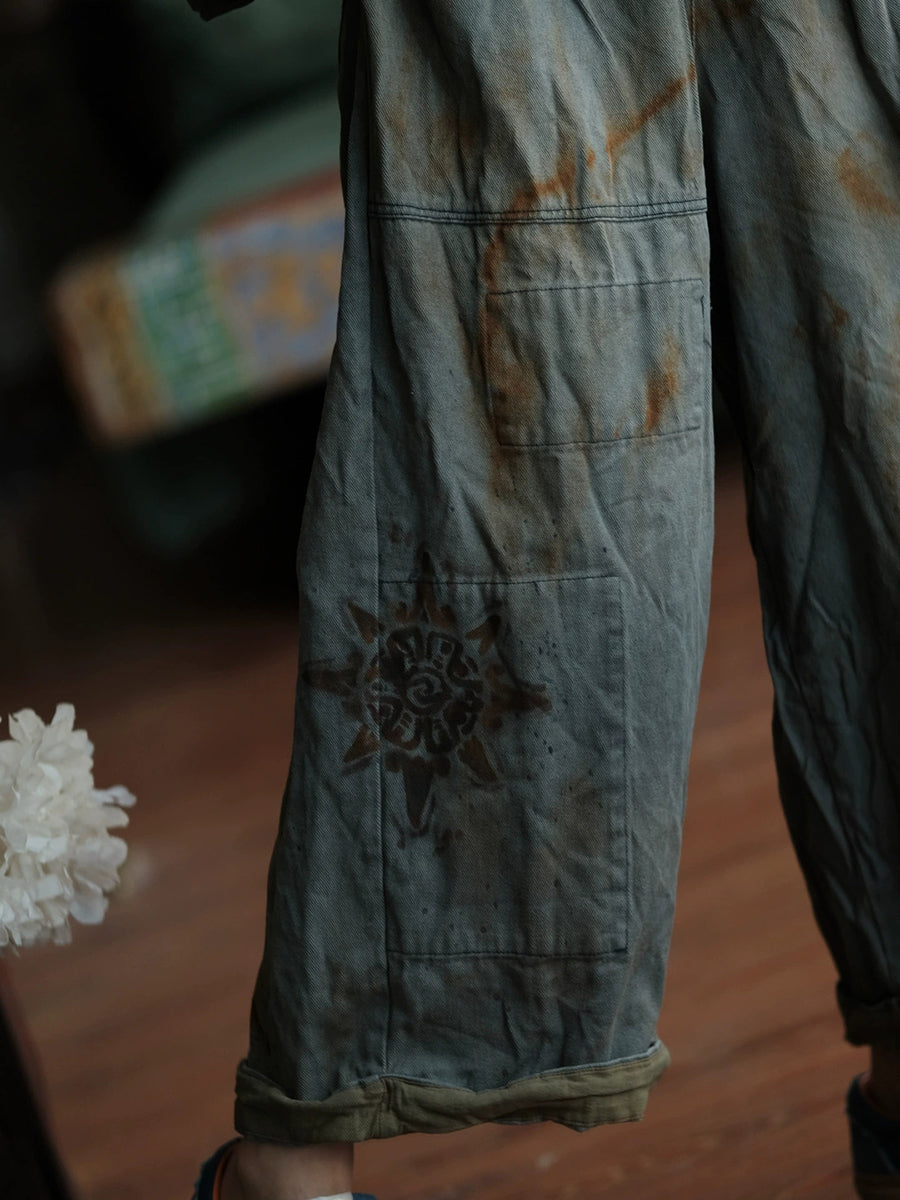 Women Vintage Patch Spliced Cotton Wide-leg Pants