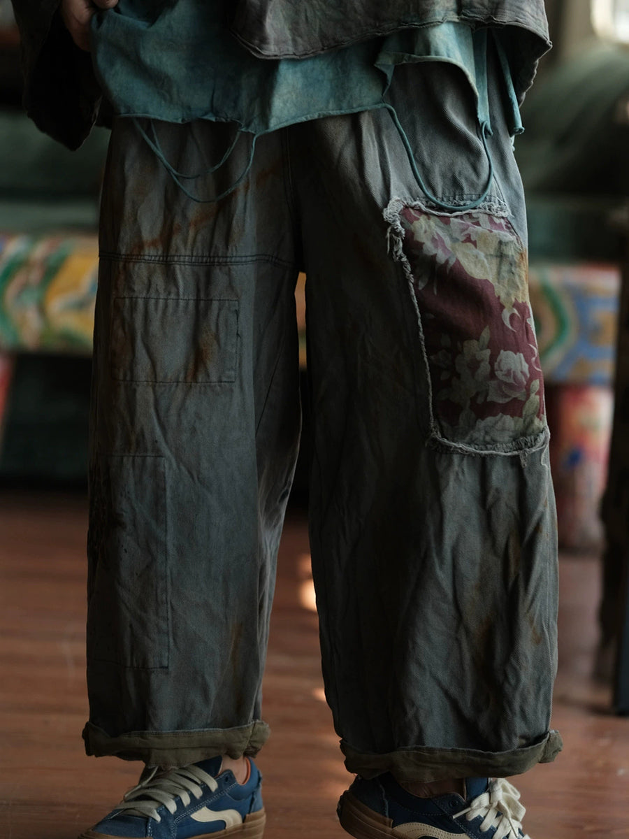 Women Vintage Patch Spliced Cotton Wide-leg Pants