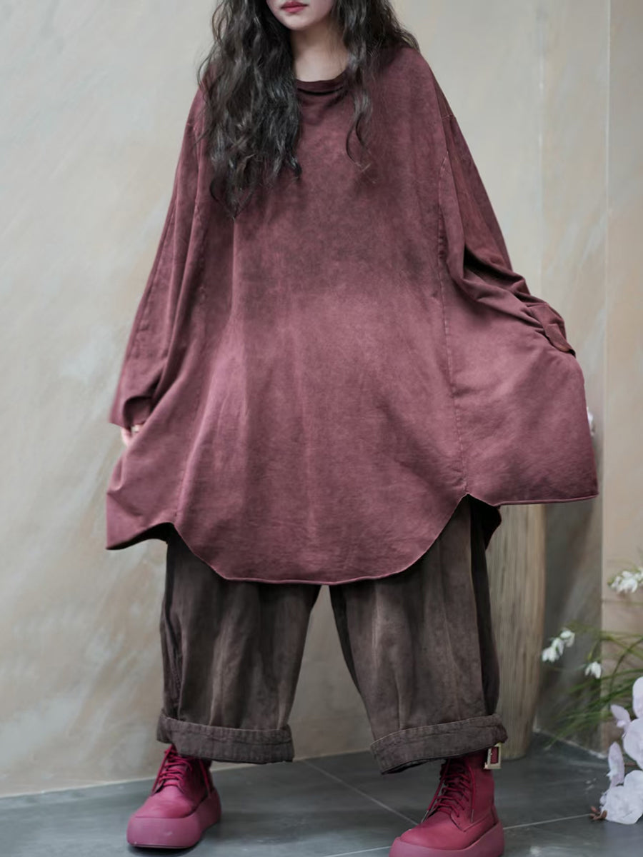 Women Autumn Retro Tie-dye O-Neck 100%Cotton Blouse