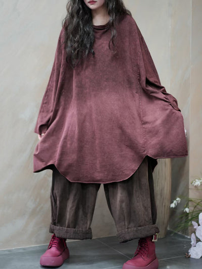 Women Autumn Retro Tie-dye O-Neck 100%Cotton Blouse