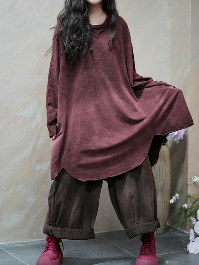 Women Autumn Retro Tie-dye O-Neck 100%Cotton Blouse