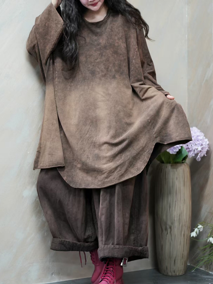 Women Autumn Retro Tie-dye O-Neck 100%Cotton Blouse