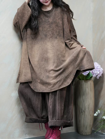 Women Autumn Retro Tie-dye O-Neck 100%Cotton Blouse