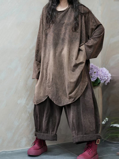 Women Autumn Retro Tie-dye O-Neck 100%Cotton Blouse