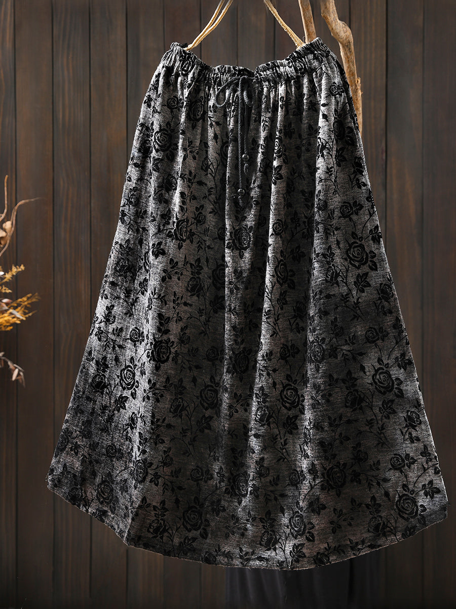 Women Autumn Retro Flower A-Shape Skirt