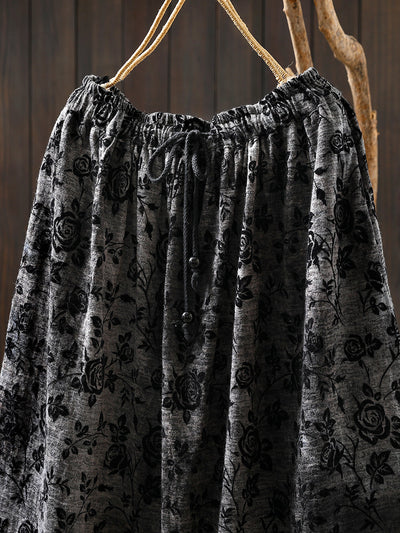 Women Autumn Retro Flower A-Shape Skirt