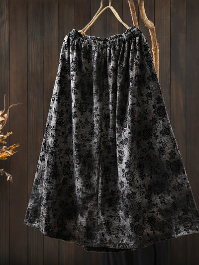 Women Autumn Retro Flower A-Shape Skirt